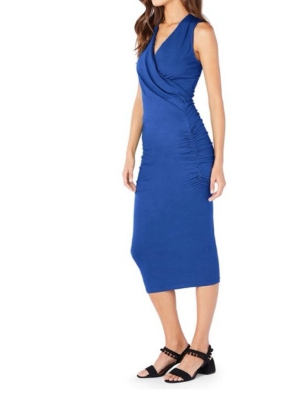 Michael Stars Faux Wrap Surplice Ruched Side Midi Dress Blue S